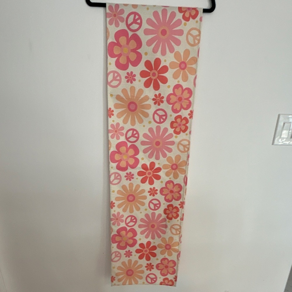Retro Floral Peace Sign Canvas Table Runner Pink Orange Hippie 90 x 13 inches